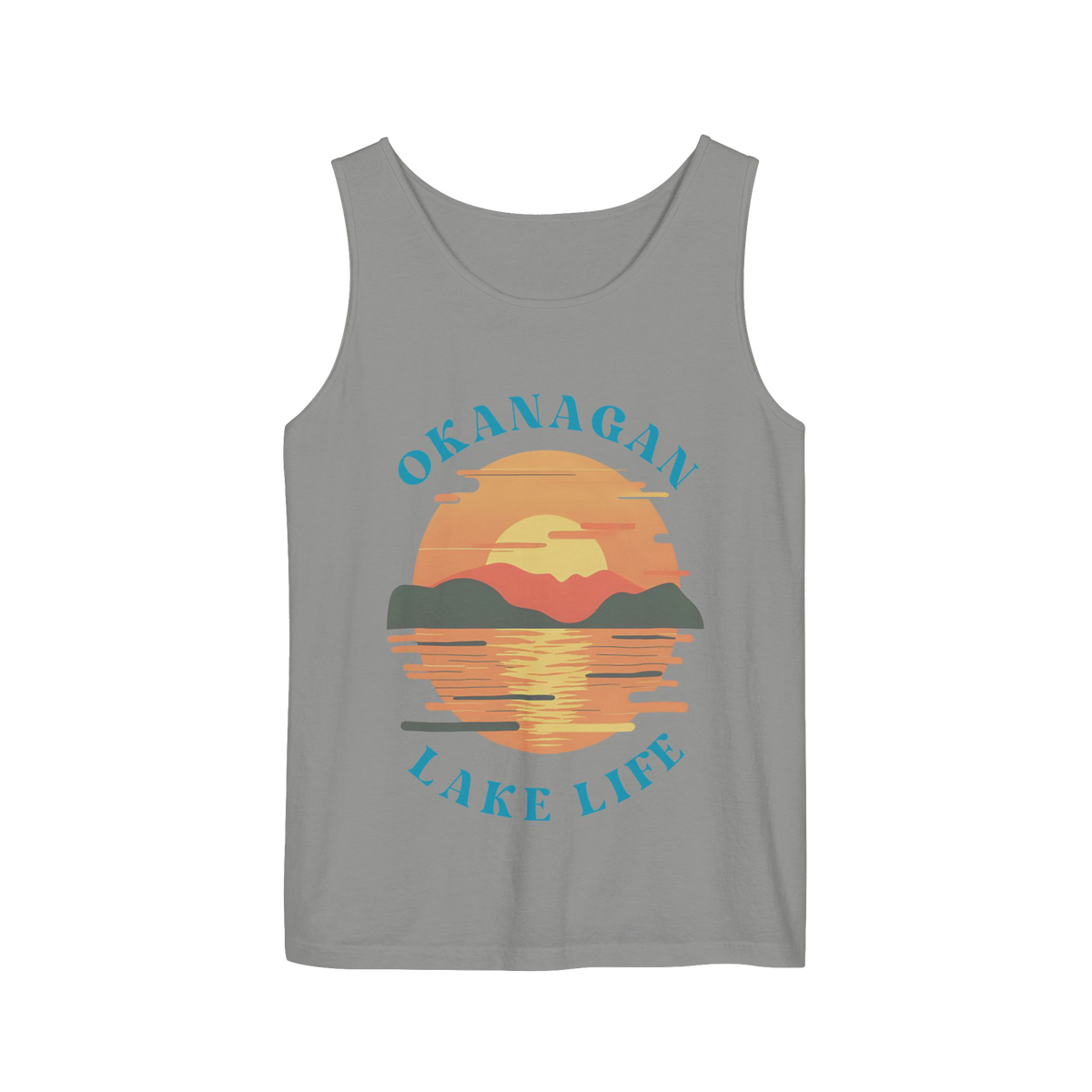 A gray sleeveless tank top with a retro sunset graphic on the front. The graphic features the words 'OKANAGAN LAKE LIFE' in blue, surrounding a stylized sunset over water with orange, yellow, red, and green colors.