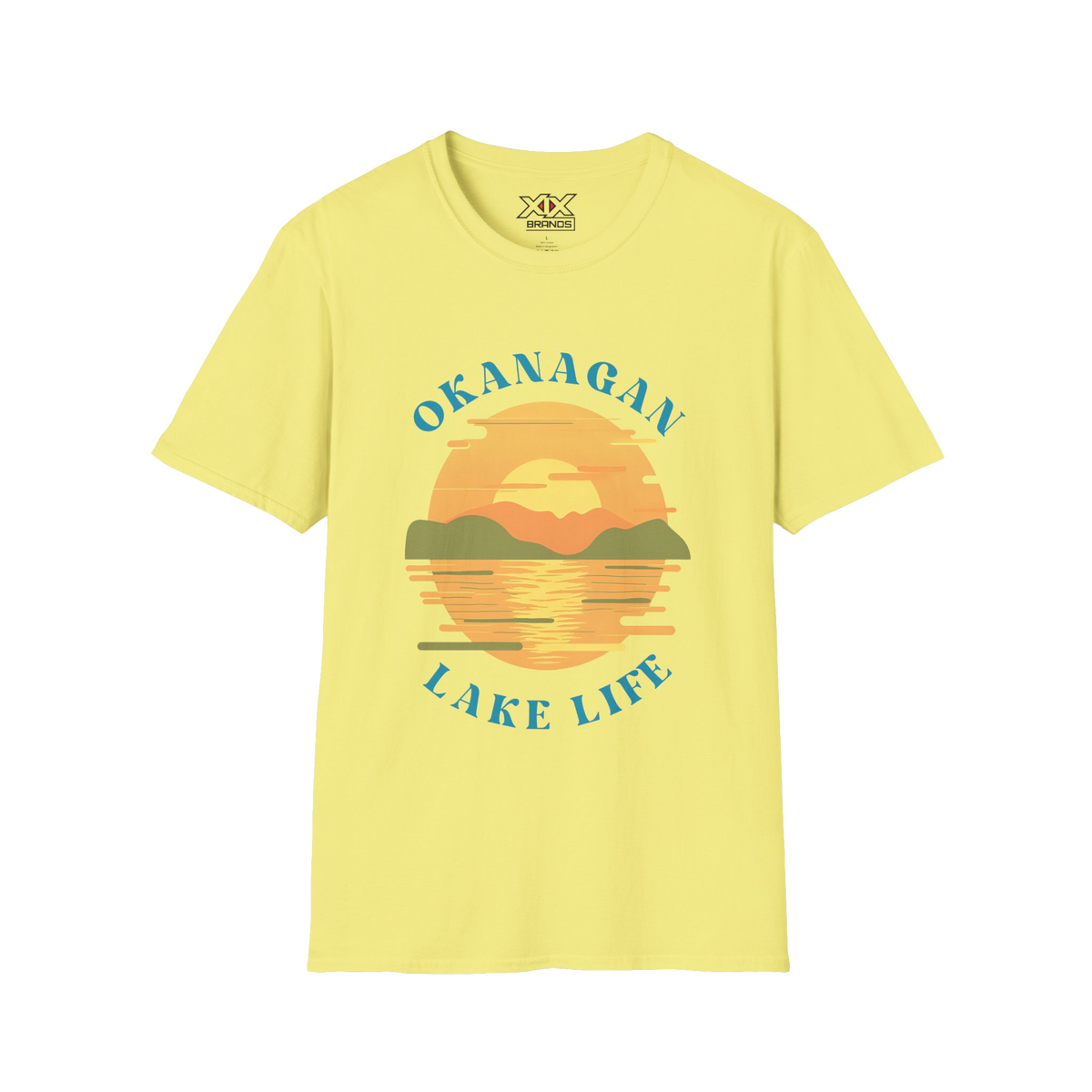 A pale yellow short-sleeve t-shirt with a retro sunset graphic on the chest featuring the text 'OKANAGAN LAKE LIFE' in blue, set against a plain white background.