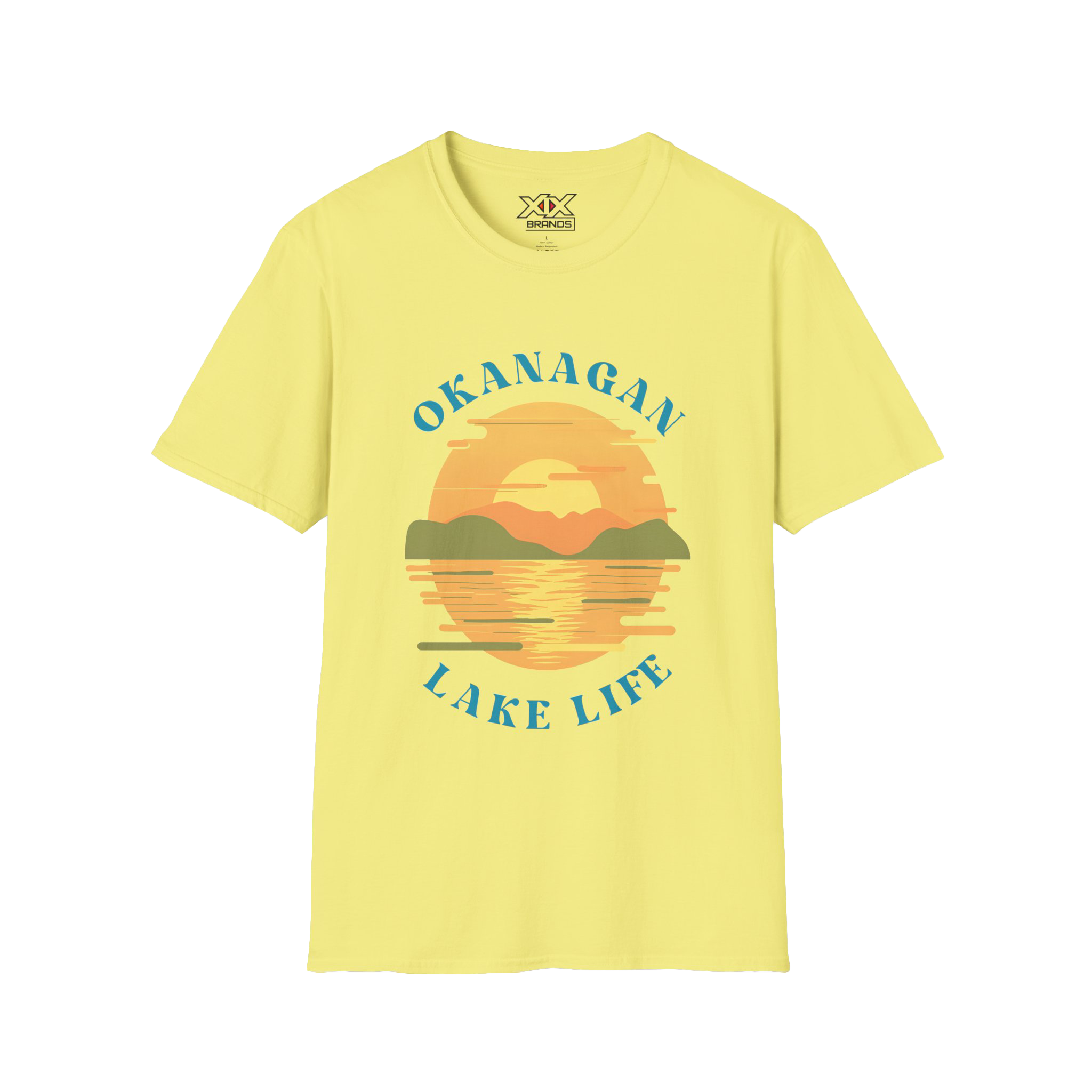 A pale yellow short-sleeve t-shirt with a retro sunset graphic on the chest featuring the text 'OKANAGAN LAKE LIFE' in blue, set against a plain white background.