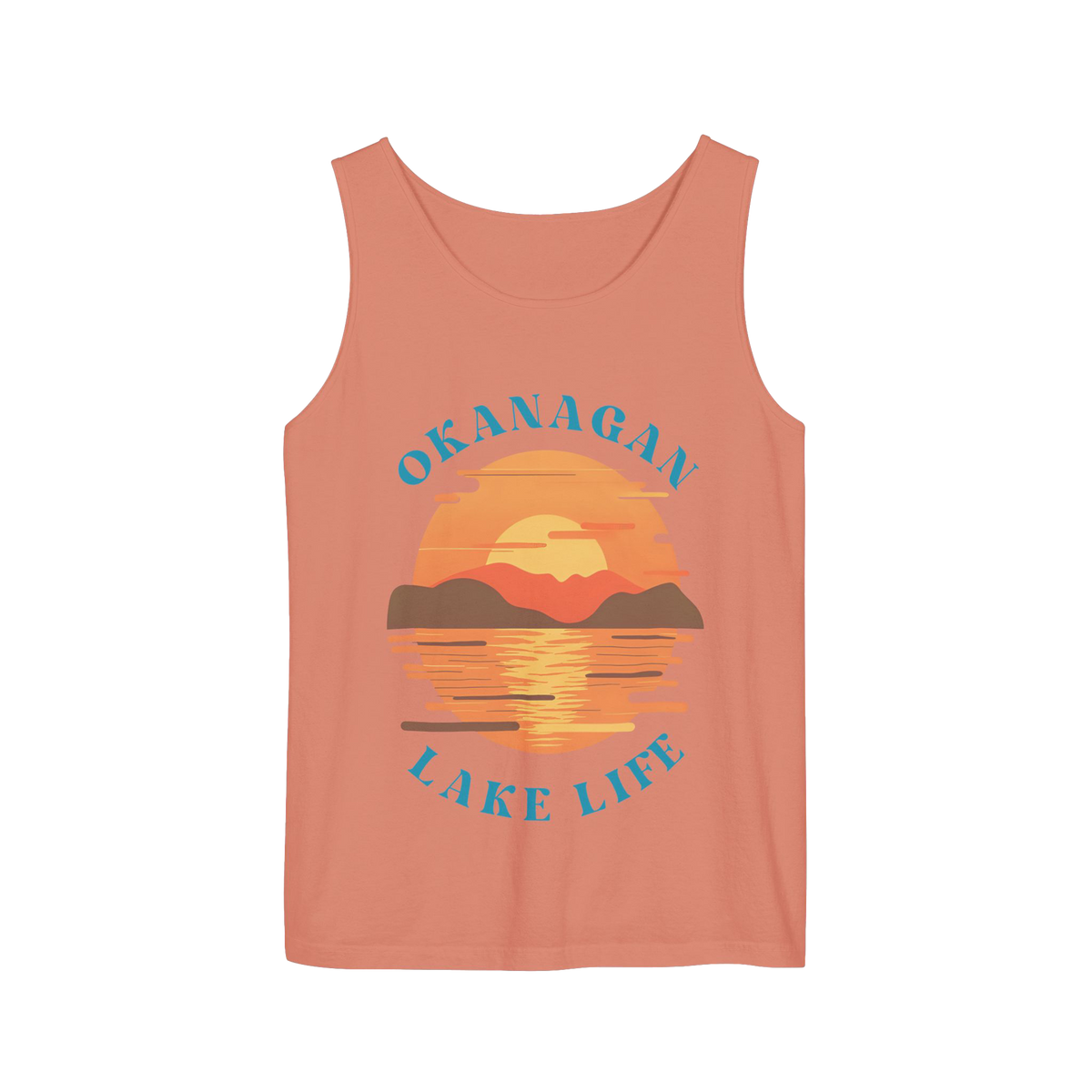 A sleeveless tank top in a muted peach color, featuring a retro-style graphic of a sunset over a lake with mountains and the text 'OKANAGAN LAKE LIFE' in blue.