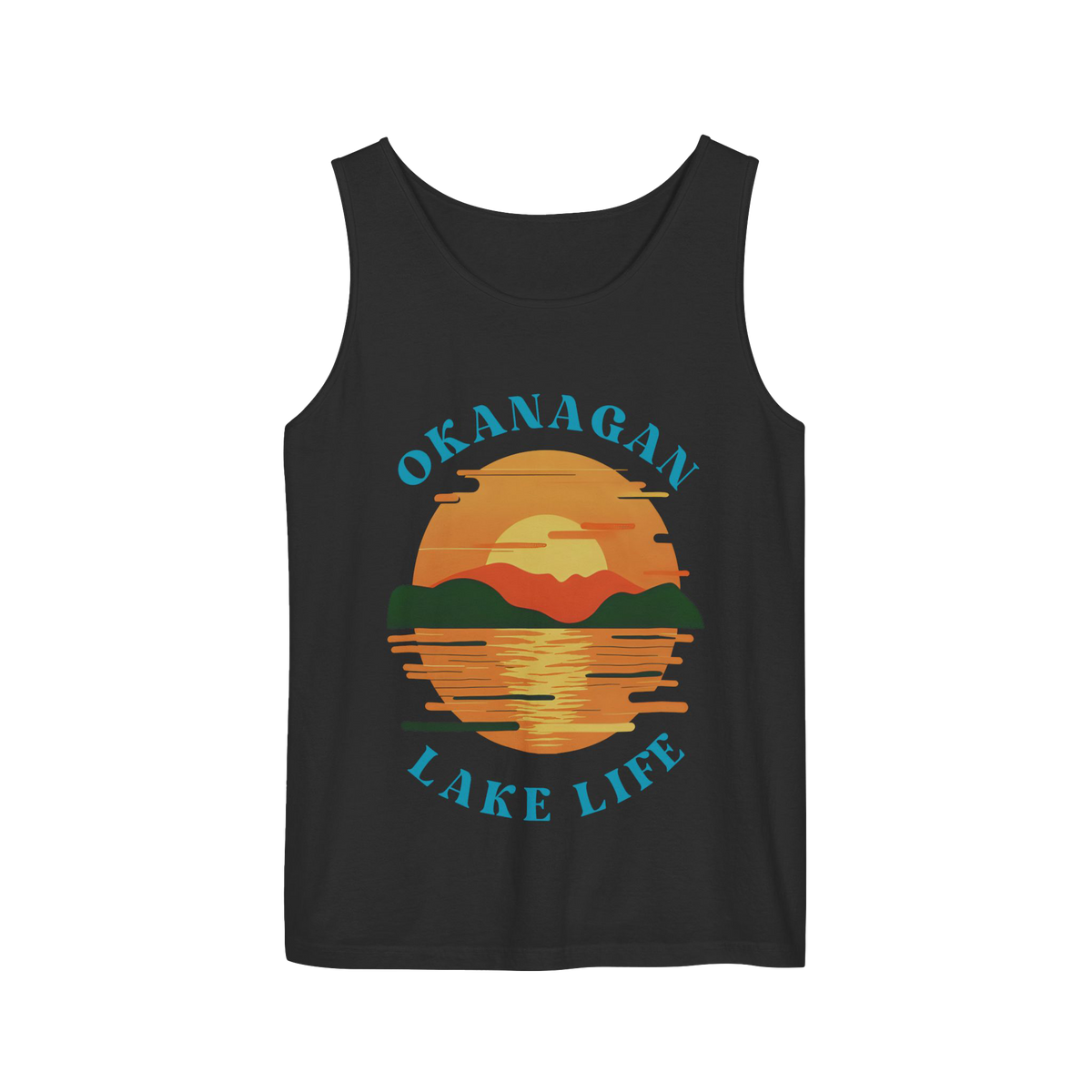 A black sleeveless tank top featuring a retro-style sunset graphic on the chest with the text 'OKANAGAN LAKE LIFE' in teal, shown against a plain white background.