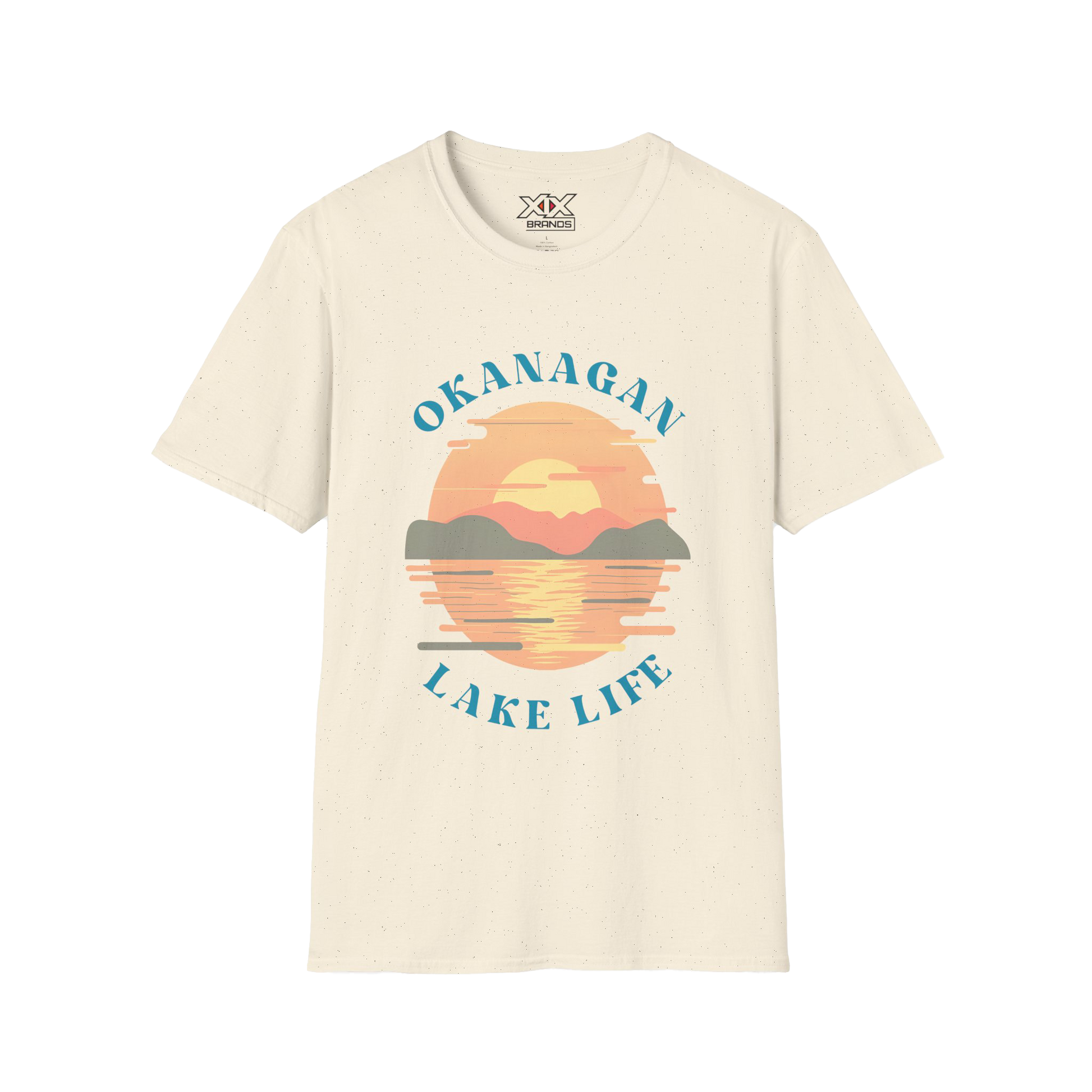 An off-white short-sleeve t-shirt with a retro-style graphic of a sunset over a lake, featuring the text 'OKANAGAN LAKE LIFE' in blue. The brand 'XXX Design' is visible on the inner neck label.