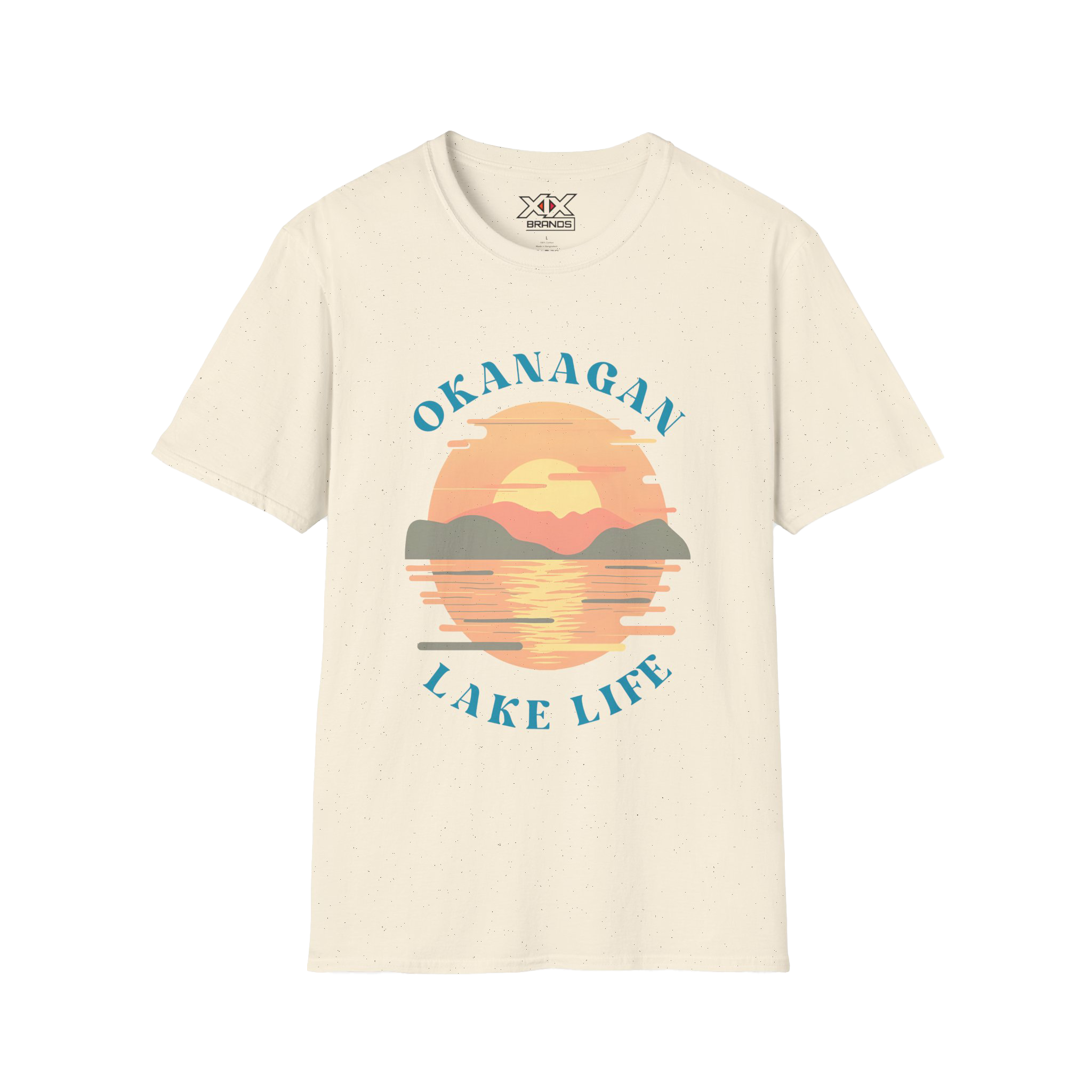 An off-white short-sleeve t-shirt with a retro-style graphic of a sunset over a lake, featuring the text 'OKANAGAN LAKE LIFE' in blue. The brand 'XXX Design' is visible on the inner neck label.