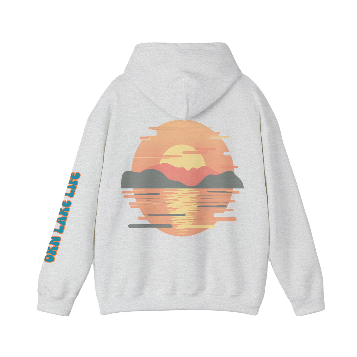 A light heather gray hoodie shown from the back, featuring a large retro sunset landscape graphic in orange, yellow, and dark gray on the back, with 'OKN LAKE LIFE' printed vertically in teal on the left sleeve.