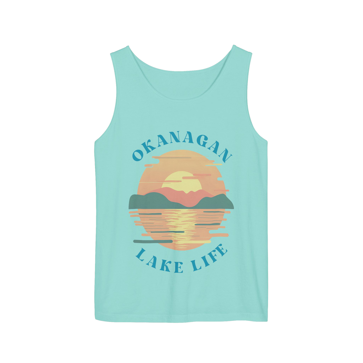 A light aqua tank top featuring a retro-style graphic of a sunset over mountains and water, with the words 'OKANAGAN LAKE LIFE' printed in blue around the design, shown on a plain white background.