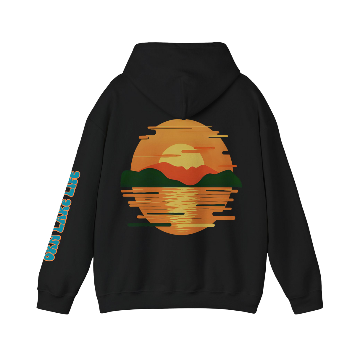 A black pullover hoodie shown from the back, featuring a large retro-style sunset landscape graphic in orange, yellow, red, and green on the back, with turquoise text printed down one sleeve.