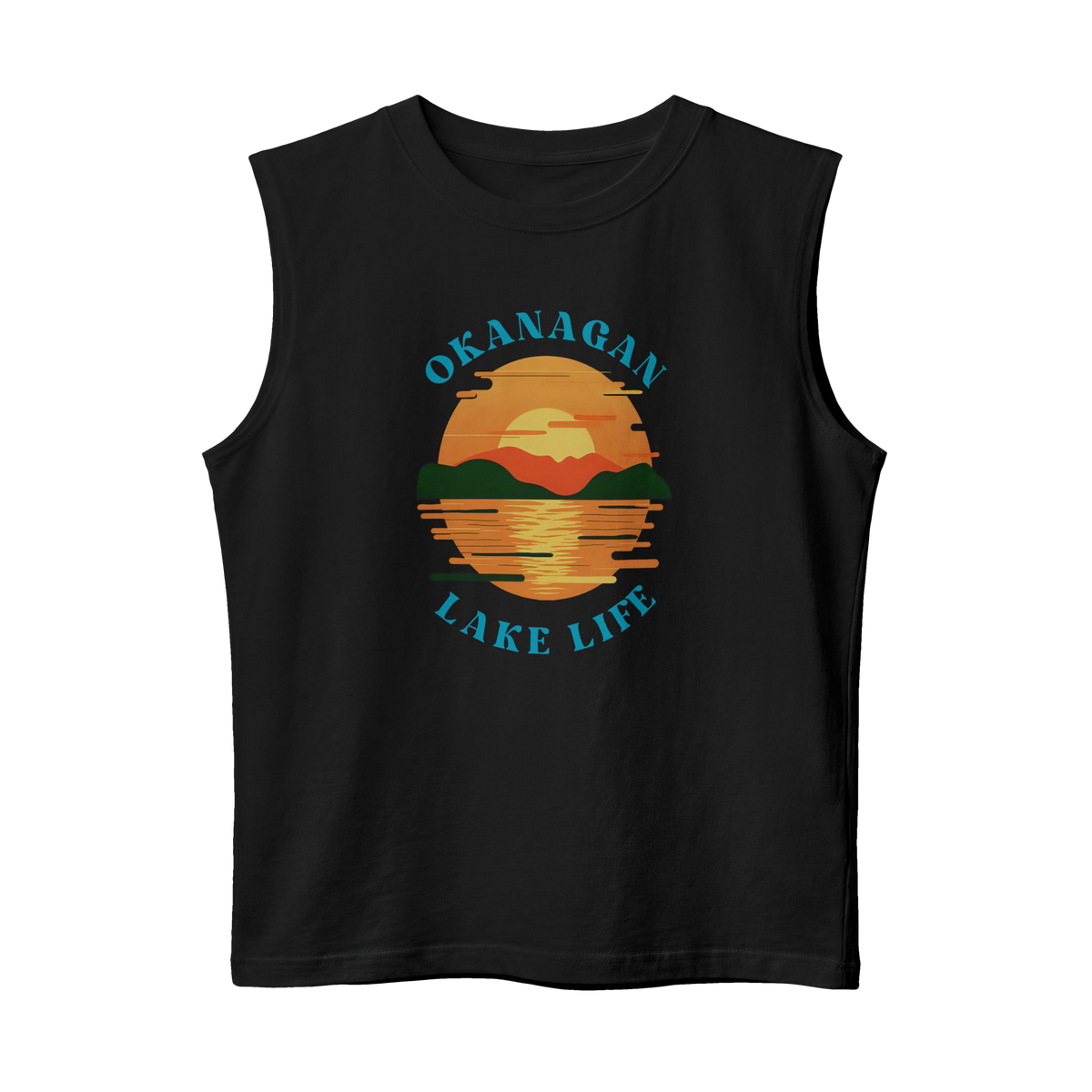 A black sleeveless muscle tank top featuring a retro-style graphic of a sunset over a lake with the text 'OKANAGAN LAKE LIFE' in teal, displayed on a solid white background.
