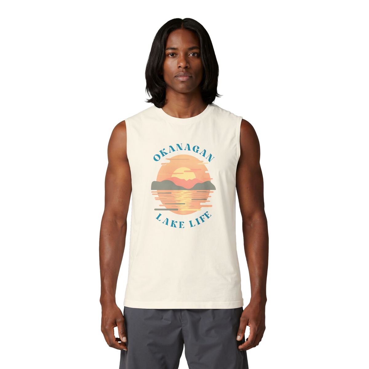 Person wearing a white sleeveless shirt with text and a graphic design on a white background