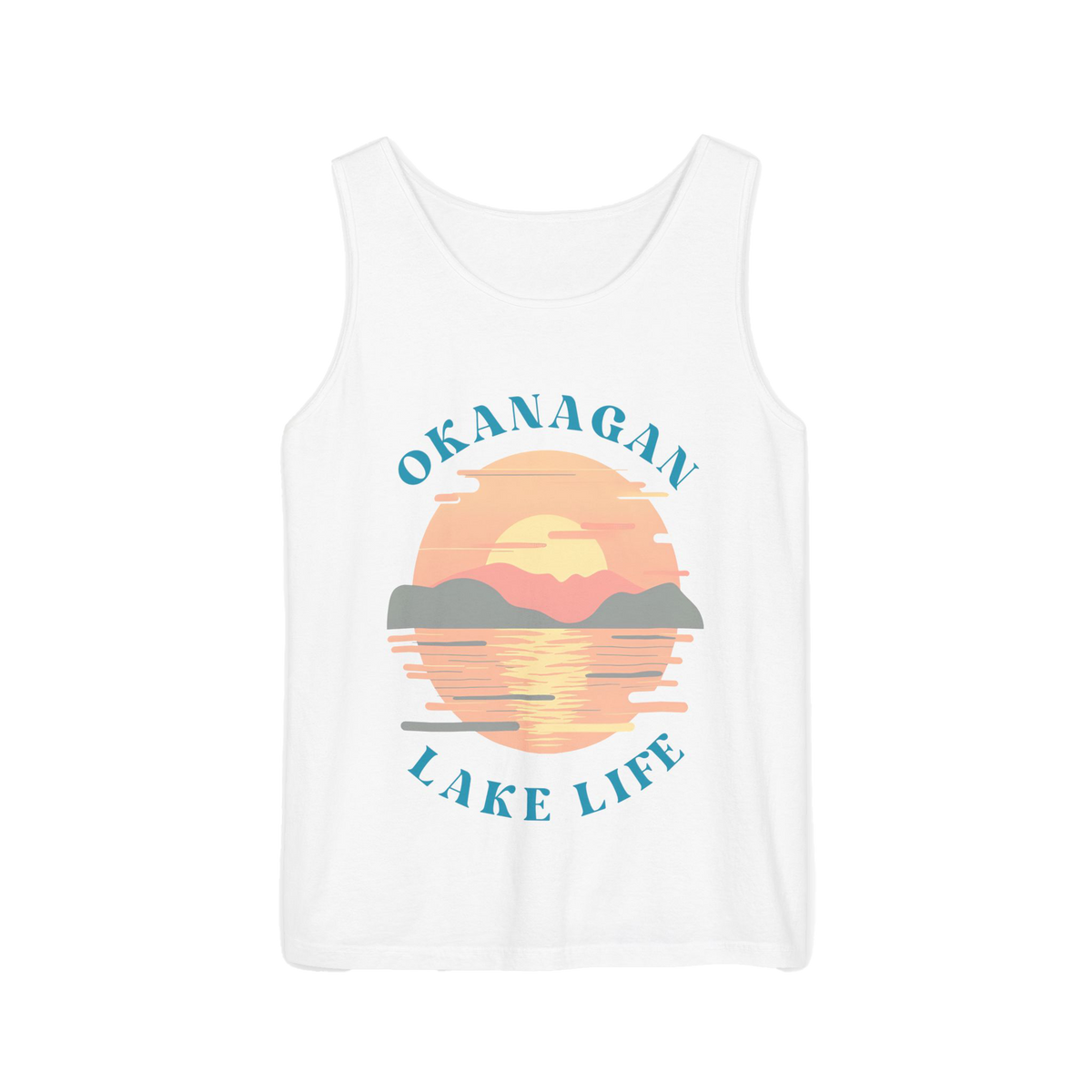 A white sleeveless tank top with a retro-style sunset graphic on the front featuring the text 'OKANAGAN LAKE LIFE' in teal, with a yellow, orange, and pink sun over water and gray mountains.