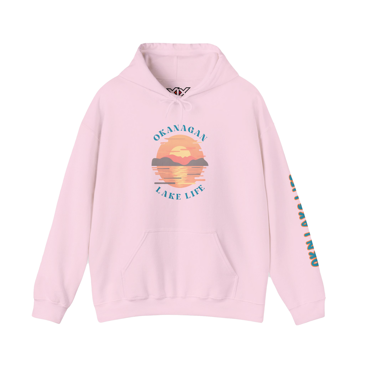 A light pink pullover hoodie with a retro sunset graphic on the chest reading 'OKANAGAN LAKE LIFE' and teal text down one sleeve, shown on a plain white background.