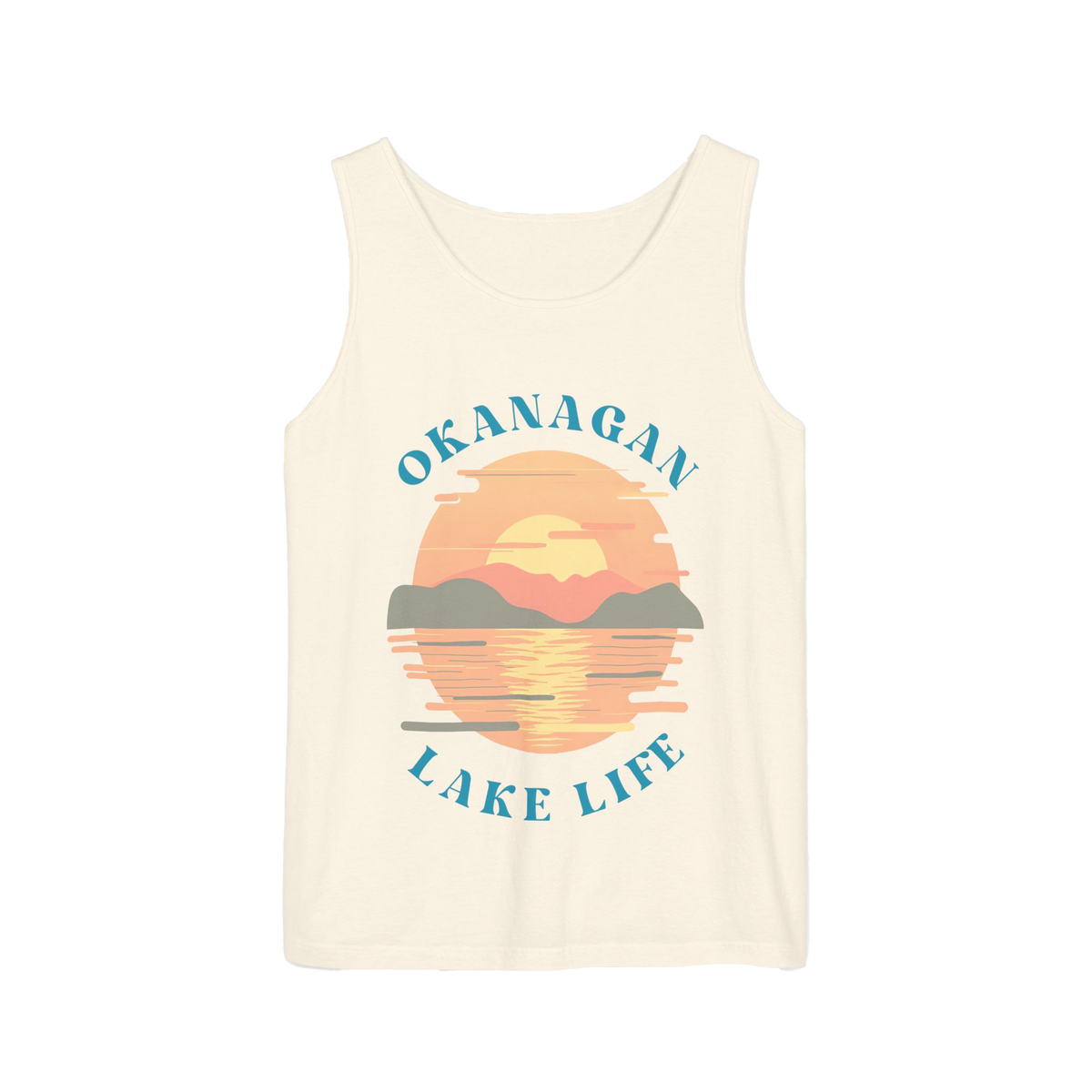 An off-white sleeveless tank top featuring a retro-style sunset graphic over a lake with the text 'OKANAGAN LAKE LIFE' in teal, displayed on a solid white background.