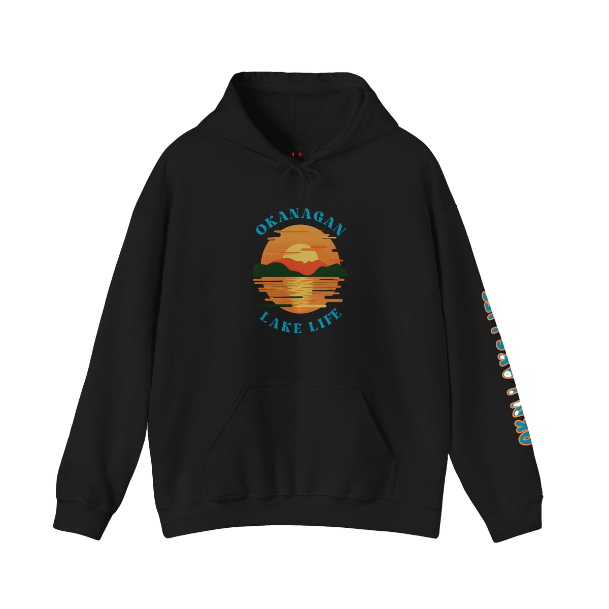 A black pullover hoodie with a colorful sunset graphic on the chest reading 'OKANAGAN LAKE LIFE' and teal text running down one sleeve.