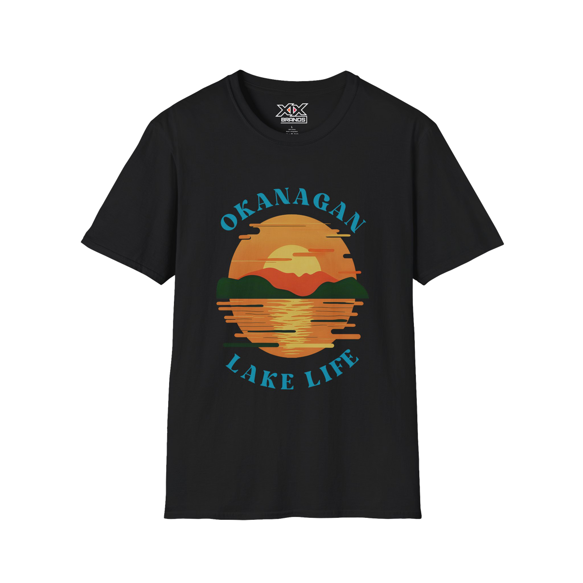 A black short-sleeve t-shirt with a retro sunset graphic on the chest featuring the text 'OKANAGAN LAKE LIFE' in blue, set against a plain white background.