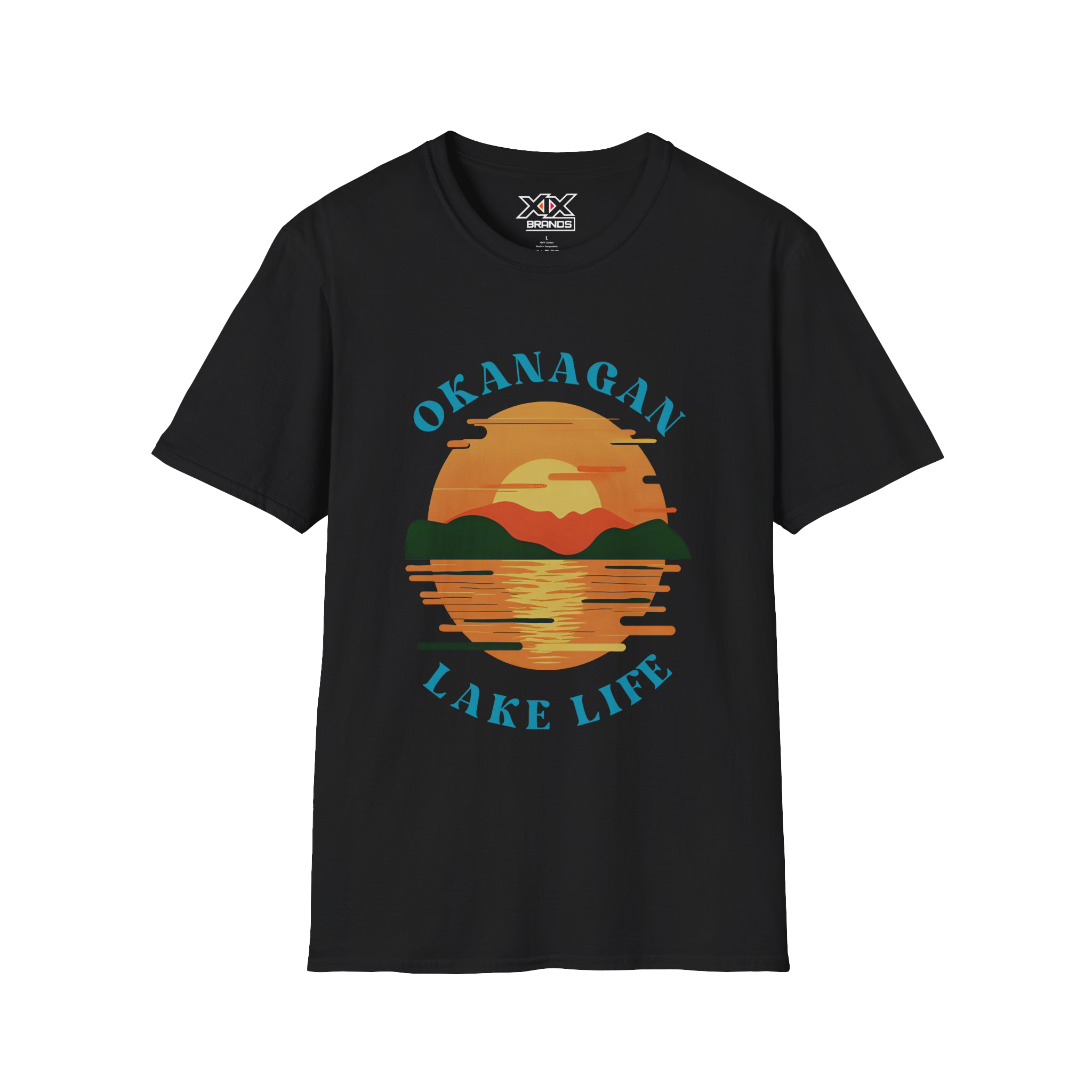 A black short-sleeve t-shirt with a retro sunset graphic on the chest featuring the text 'OKANAGAN LAKE LIFE' in blue, set against a plain white background.