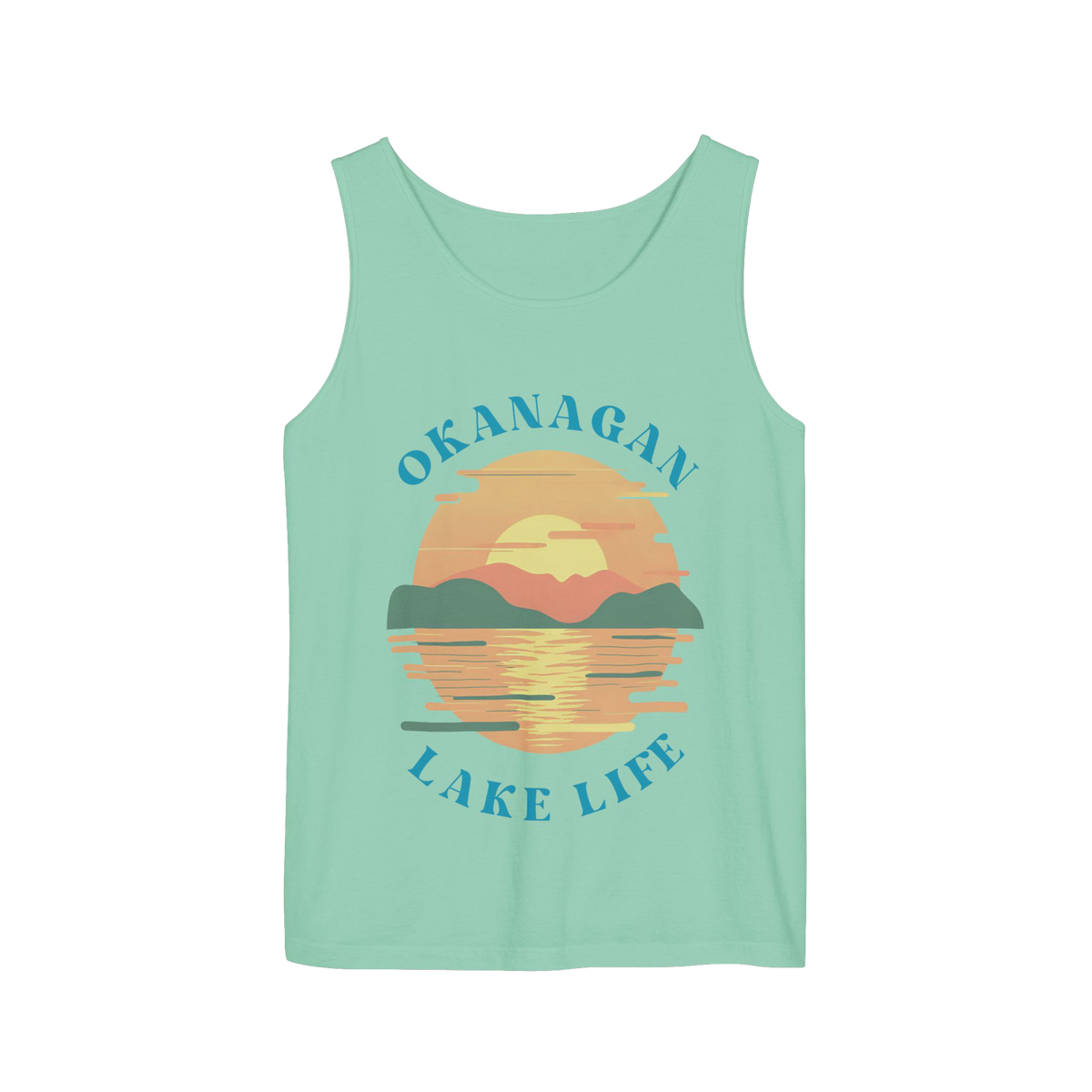 A mint green sleeveless tank top featuring a retro-style sunset graphic over a lake with the text 'OKANAGAN LAKE LIFE' in blue, displayed on a clean white background.