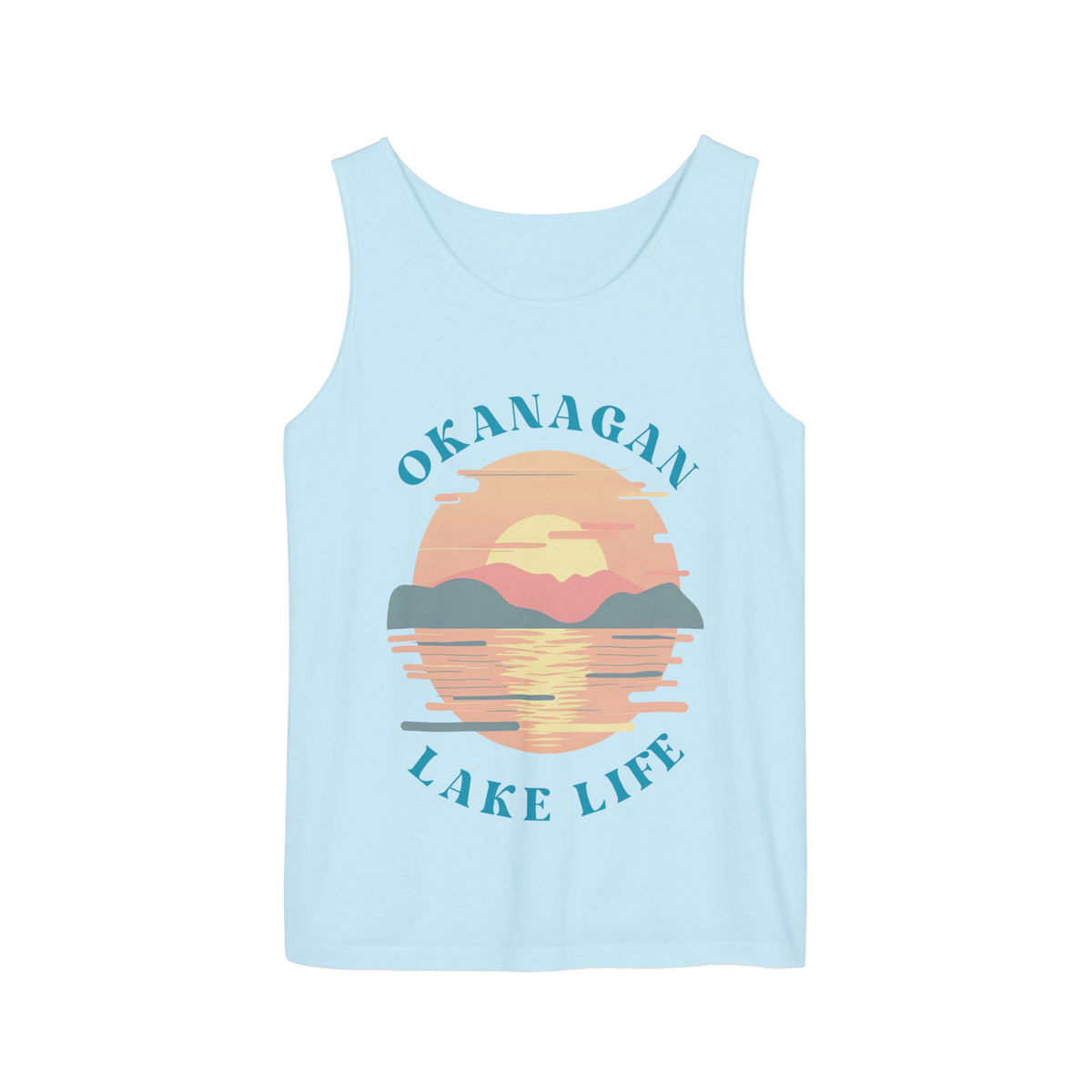 A light blue sleeveless tank top with a retro sunset graphic on the front featuring the text 'OKANAGAN LAKE LIFE' in teal, shown on a plain white background.