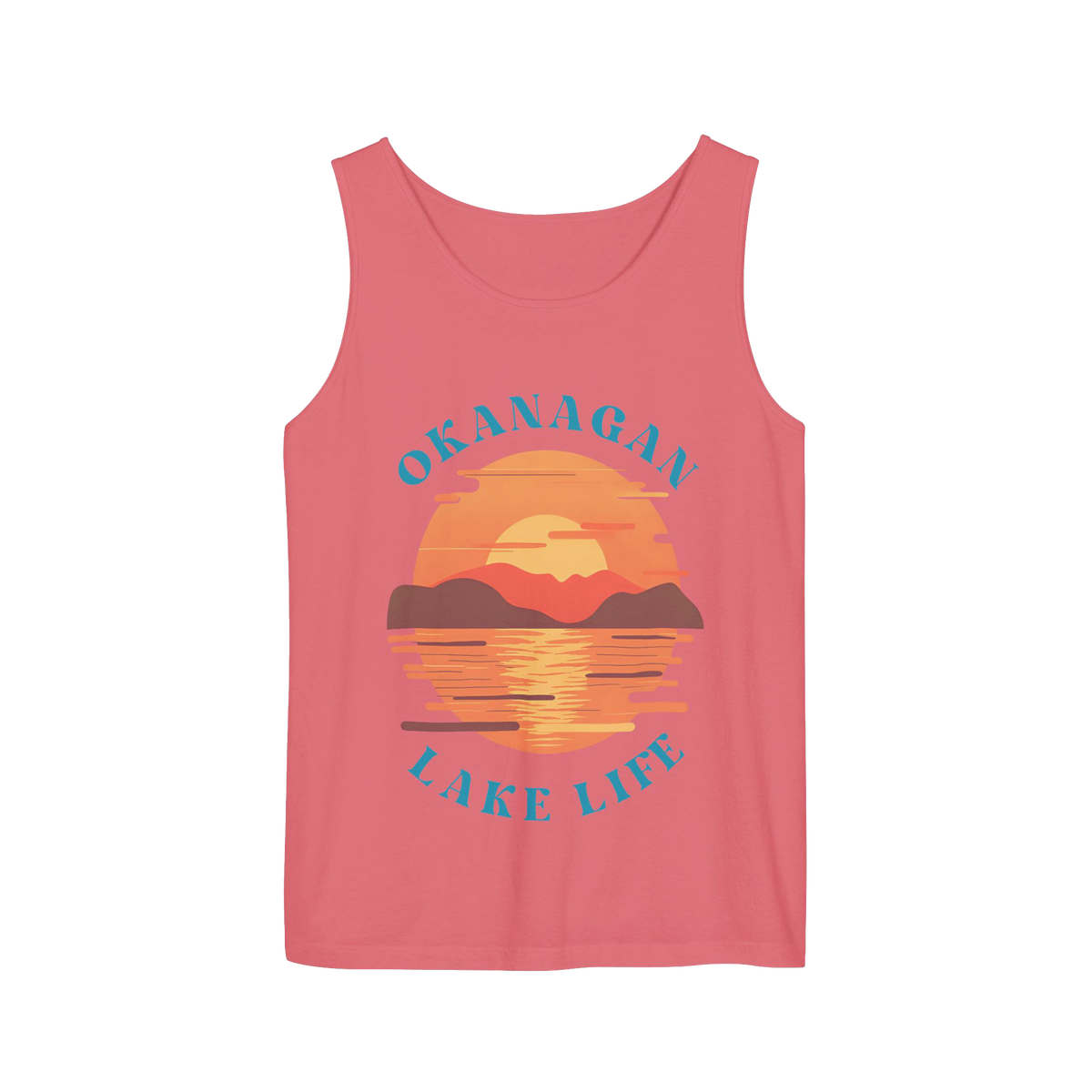 A pink sleeveless tank top with a retro sunset graphic on the front featuring the text 'OKANAGAN LAKE LIFE' in blue, set against a plain white background.