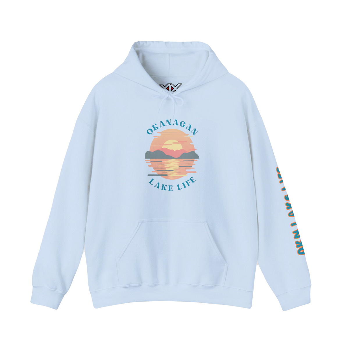 A light blue pullover hoodie with a central graphic of a sunset over a lake and the words 'OKANAGAN LAKE LIFE' in teal, plus matching text down one sleeve.