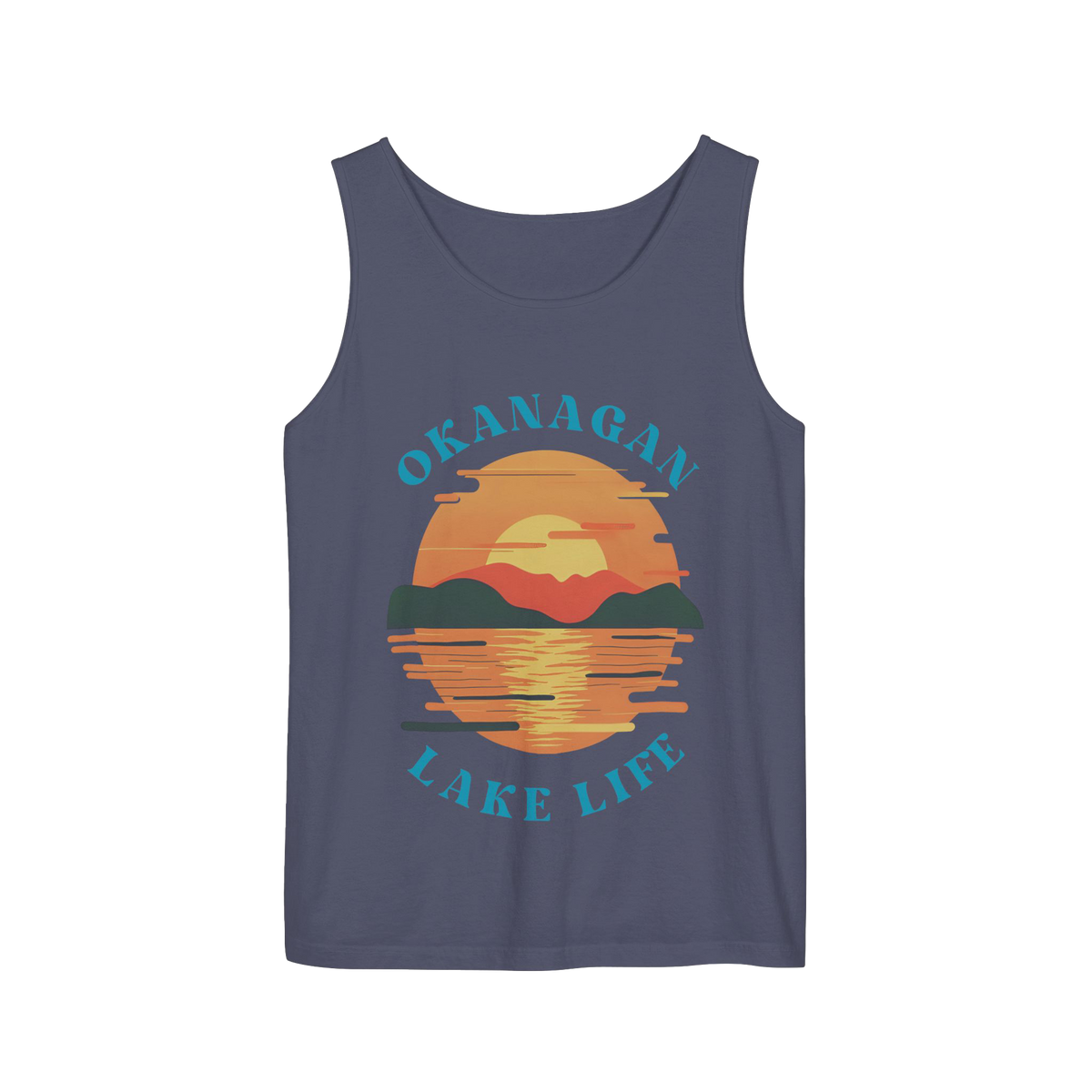 A sleeveless tank top in a muted slate blue-gray color, featuring a retro-style sunset graphic on the chest with the text 'OKANAGAN LAKE LIFE' in teal.