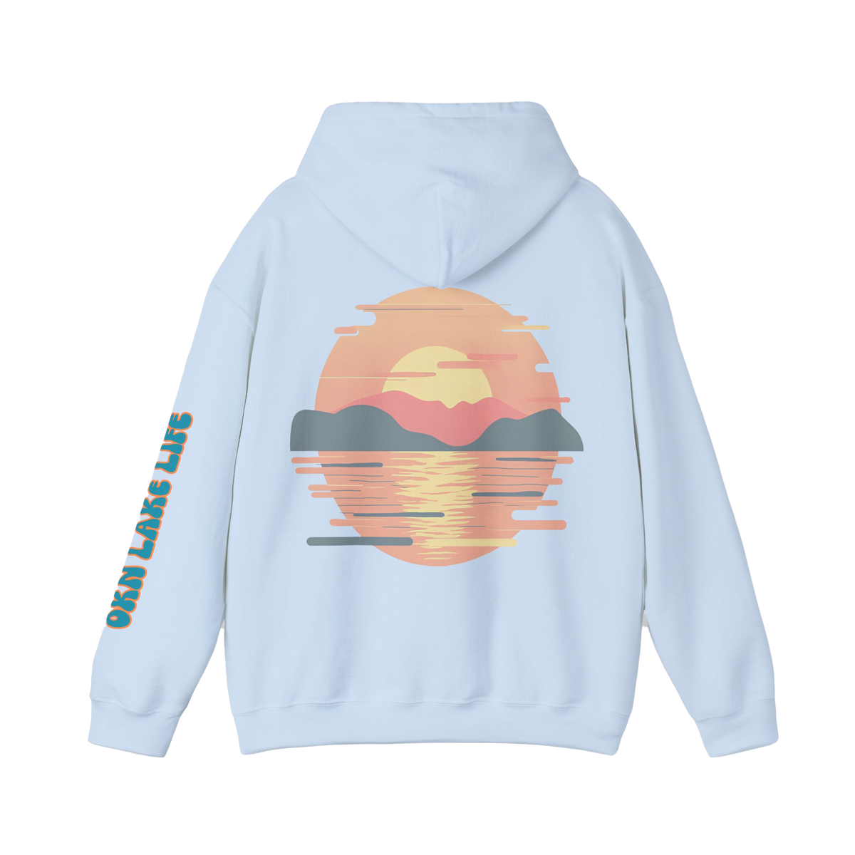 A light blue hoodie shown from the back, featuring a large retro sunset graphic in orange, yellow, and pink on the back, with teal text reading 'OKN LAKE LIFE' printed down the left sleeve.