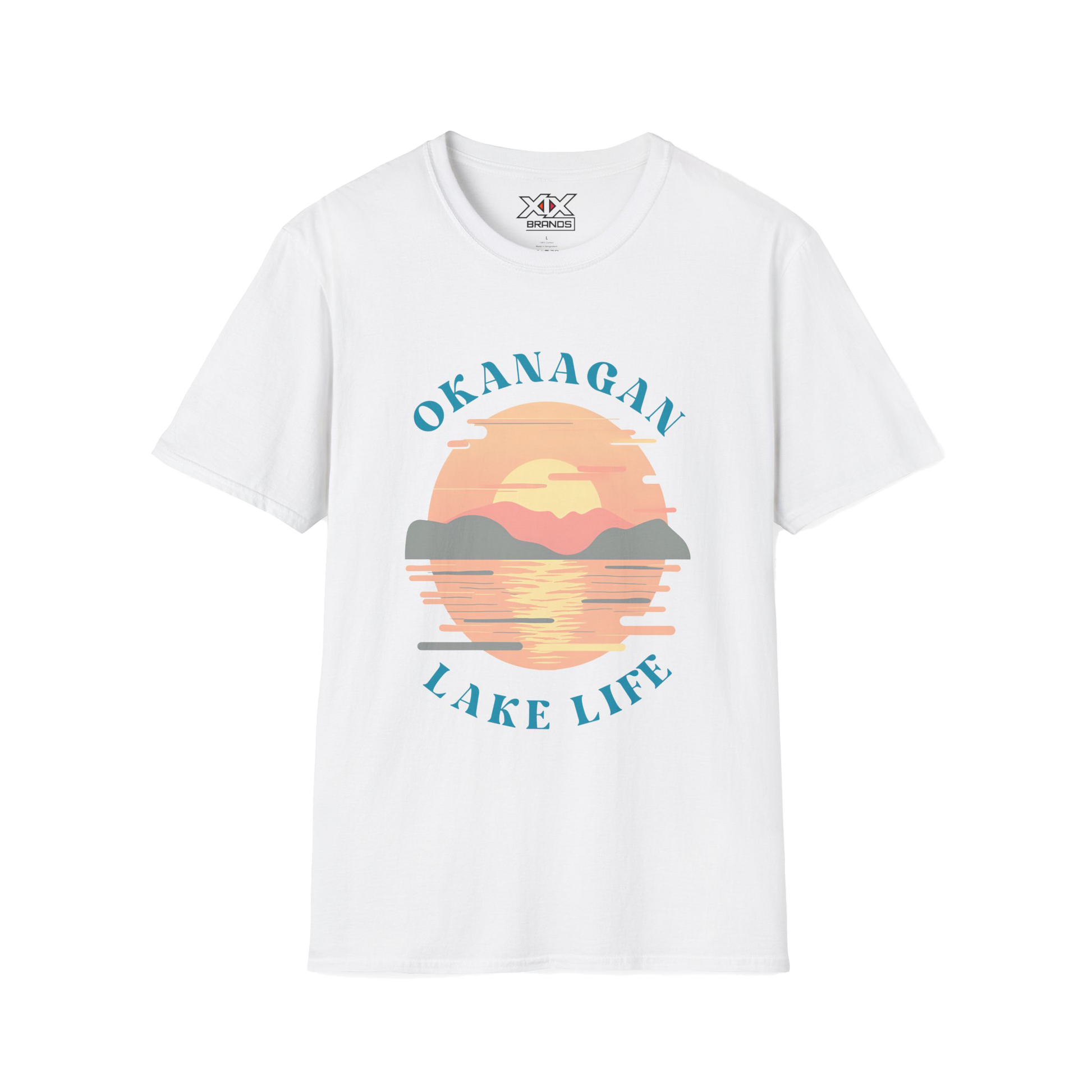 A white short-sleeve crewneck t-shirt featuring a retro-style graphic of a sunset over a lake with the text 'OKANAGAN LAKE LIFE' in teal.