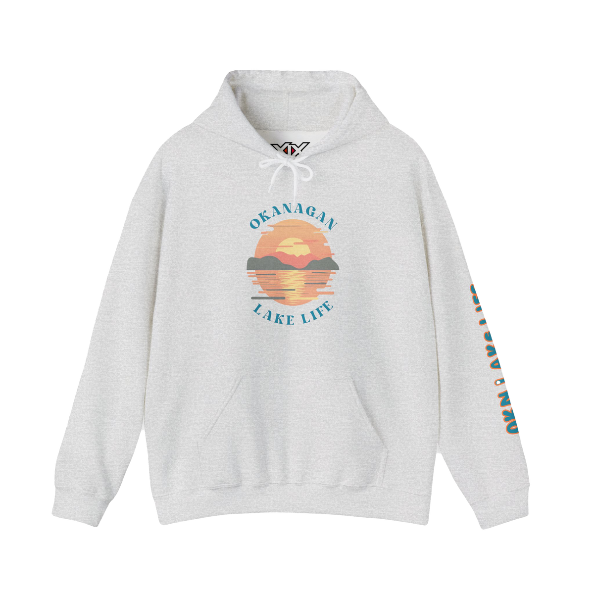 A light heather gray pullover hoodie featuring a retro-style sunset graphic on the chest with the words 'OKANAGAN LAKE LIFE' in teal, and a matching graphic printed down one sleeve.