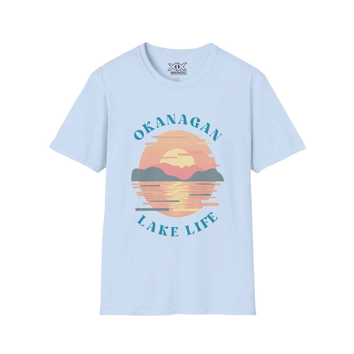 A light blue short-sleeve crewneck t-shirt featuring a retro-style graphic of a sunset over a lake with the text 'OKANAGAN LAKE LIFE' printed in teal.