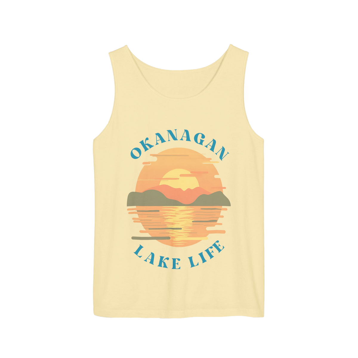 A pale yellow tank top with a retro-style sunset graphic on the front featuring the text 'OKANAGAN LAKE LIFE' in teal, shown on a plain white background.