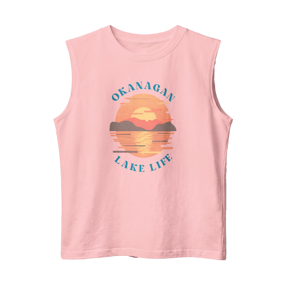 A light pink sleeveless crop top featuring a retro-style sunset graphic on the chest with the text 'OKANAGAN LAKE LIFE' in blue.
