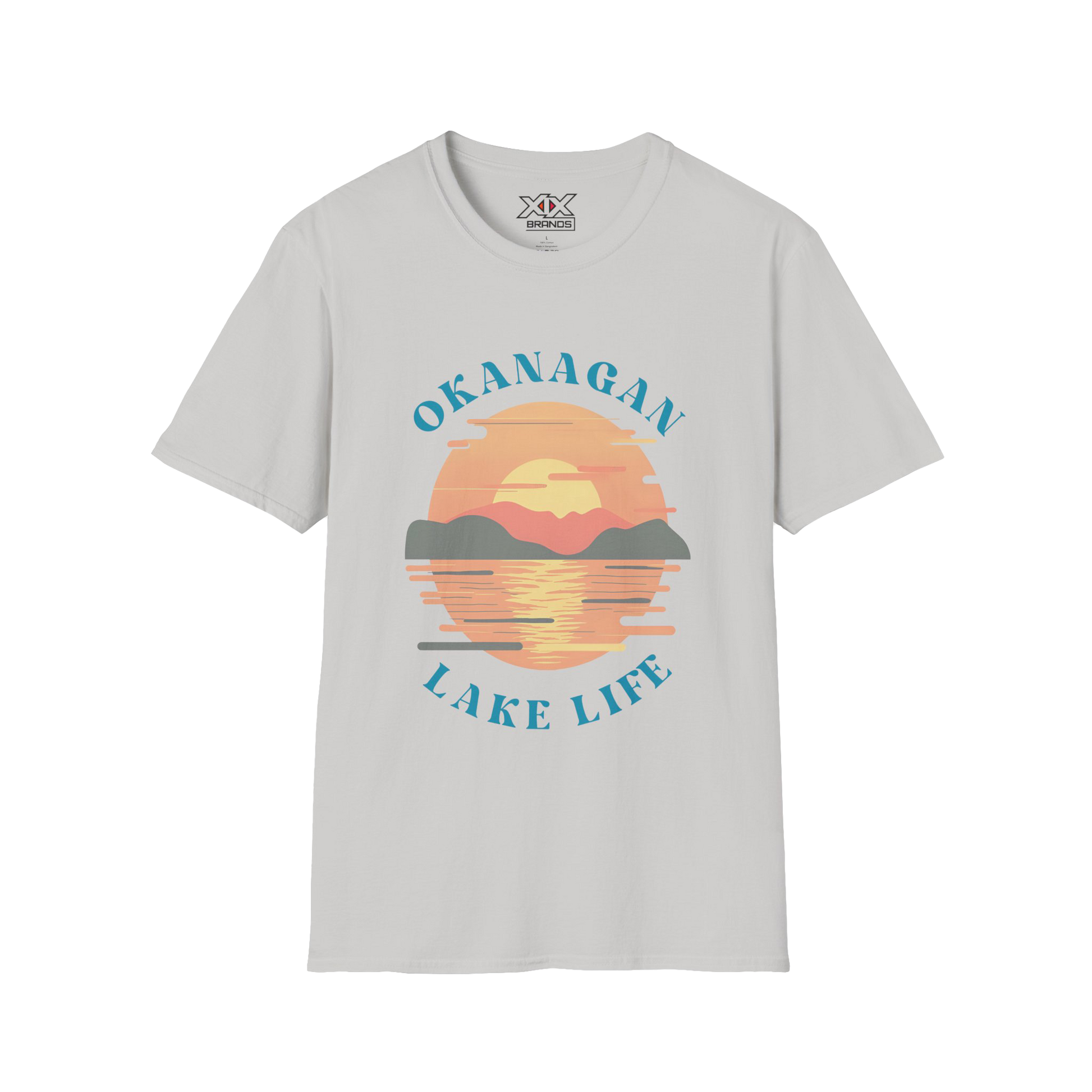 A light gray short-sleeve t-shirt with a retro-style graphic of a sunset over a lake, featuring the text 'OKANAGAN LAKE LIFE' in blue. The brand 'XXX Design' is visible on the inner neck label.