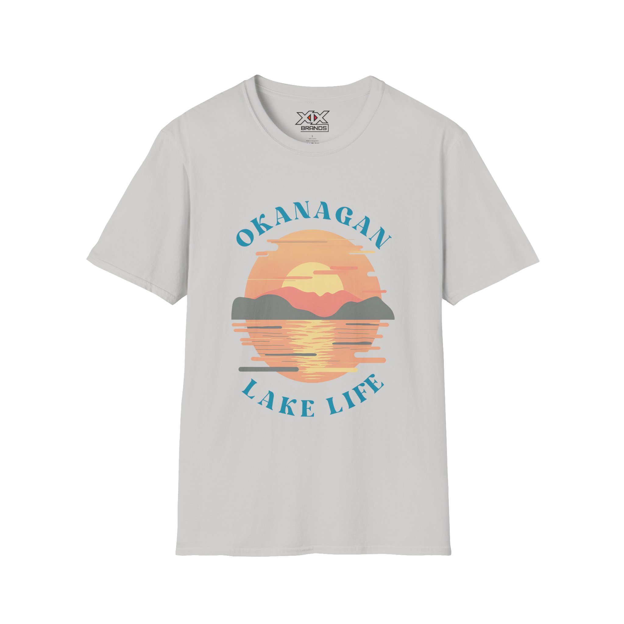 A light gray short-sleeve t-shirt with a retro-style graphic of a sunset over a lake, featuring the text 'OKANAGAN LAKE LIFE' in blue. The brand 'XXX Design' is visible on the inner neck label.