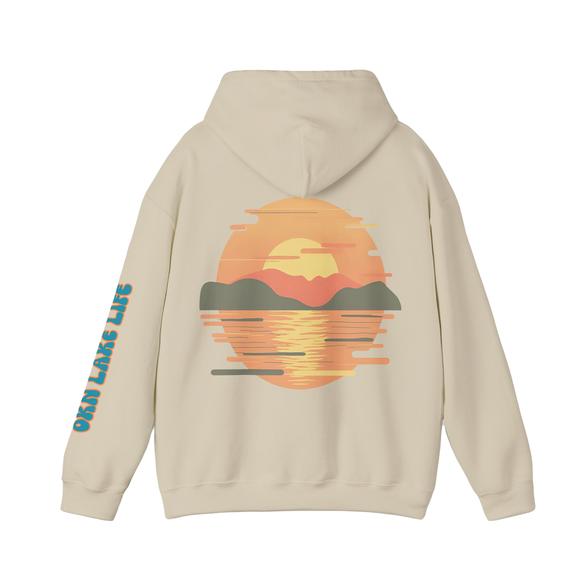 A beige hoodie shown from the back, featuring a large retro sunset landscape graphic in orange, yellow, and green, with 'OKN LAKE LIFE' printed in blue along the left sleeve.