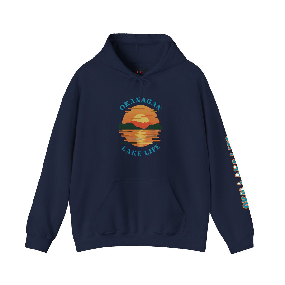 A navy blue pullover hoodie with a colorful sunset graphic on the chest reading 'OKANAGAN LAKE LIFE' and teal text running down one sleeve.