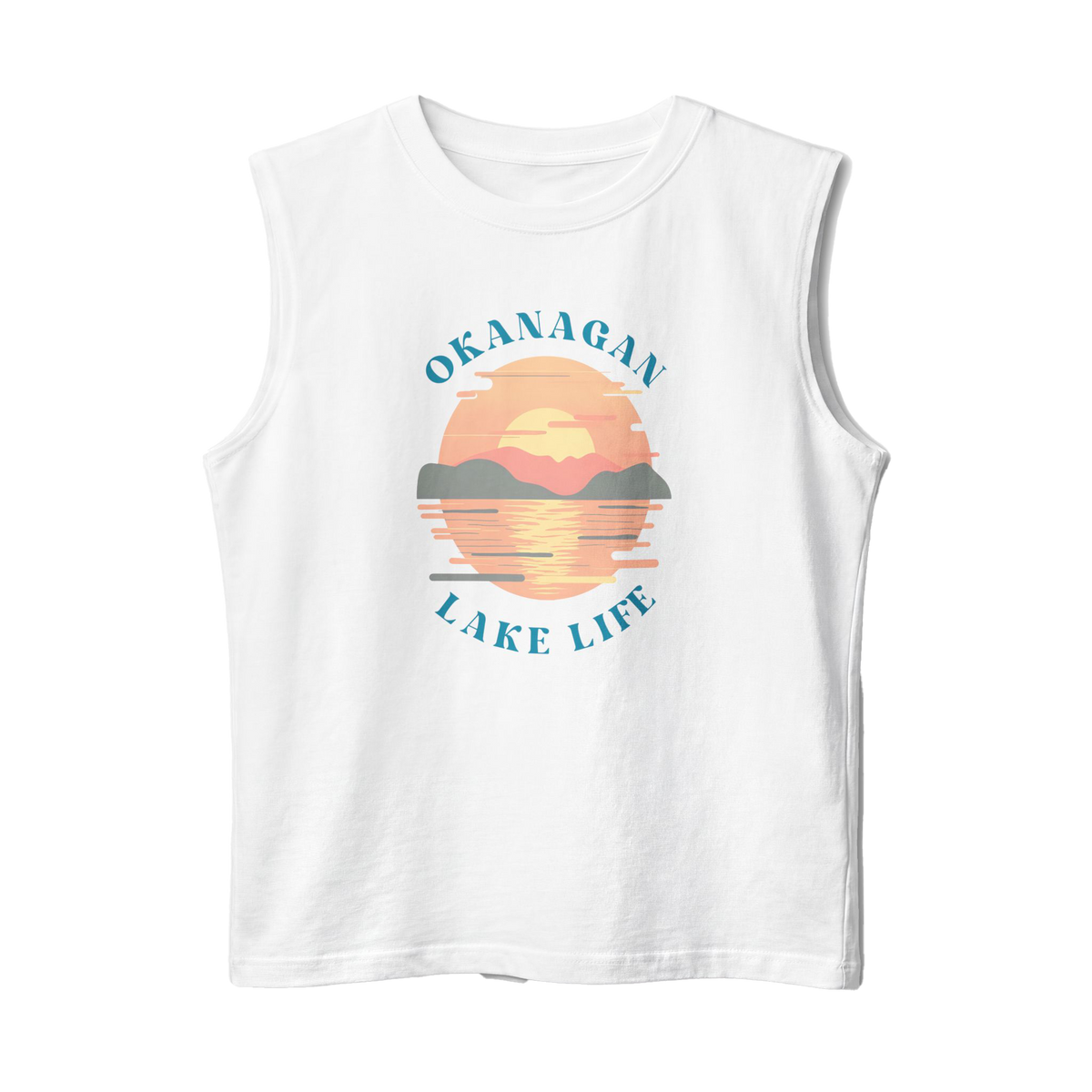 A white sleeveless muscle tank top featuring a retro-style graphic of a sunset over mountains and water, with the words 'OKANAGAN LAKE LIFE' printed in blue.