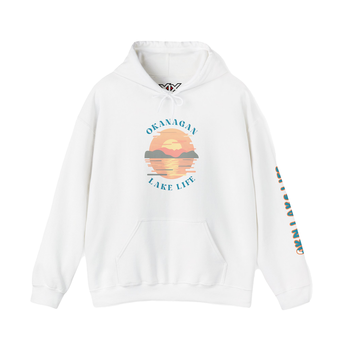 A white pullover hoodie with a colorful sunset graphic on the chest reading 'OKANAGAN LAKE LIFE' and a matching graphic printed down one sleeve.