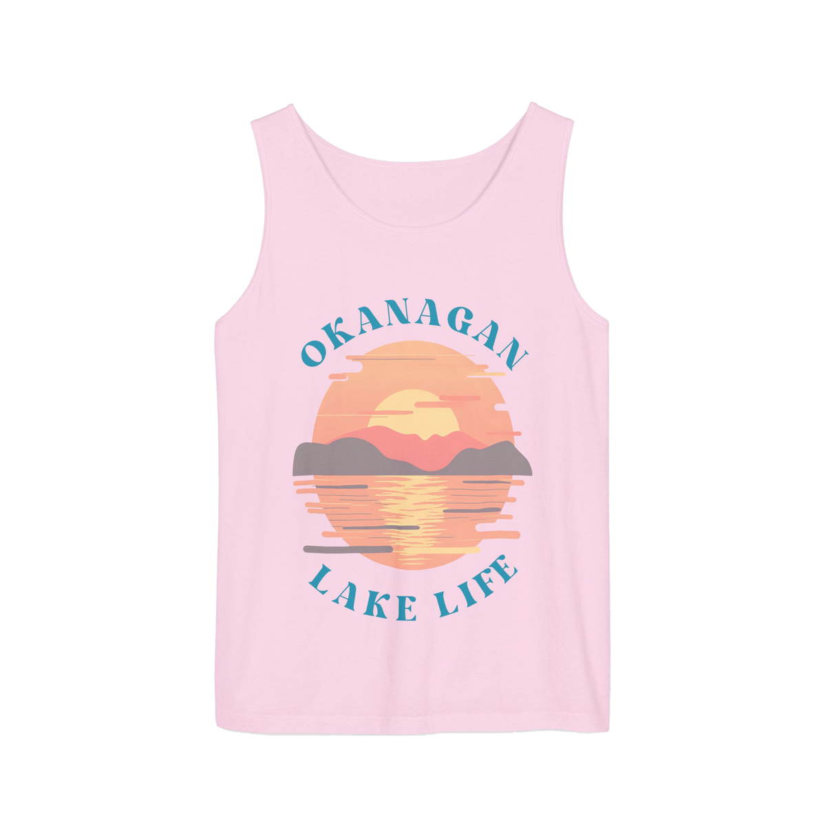 A light pink sleeveless tank top with a retro-style sunset graphic on the front featuring the text 'OKANAGAN LAKE LIFE' in teal, surrounded by mountains and water.