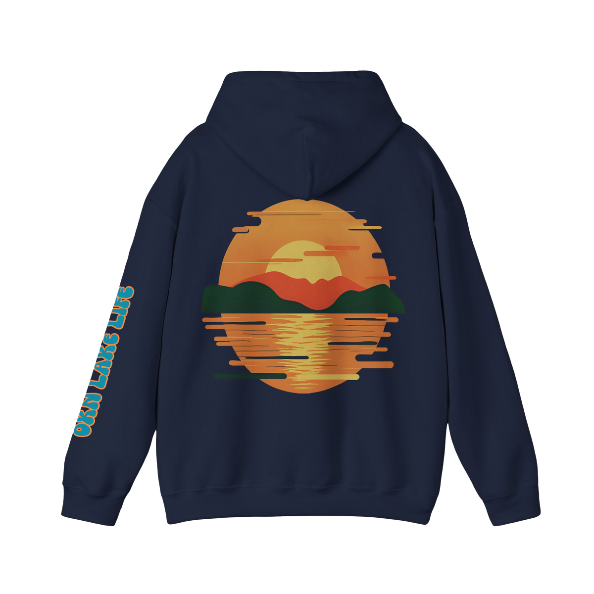 A navy blue hoodie shown from the back, featuring a large retro sunset graphic in orange, yellow, and green on the back, with 'OKN LAKE LIFE' printed vertically in teal on the left sleeve.