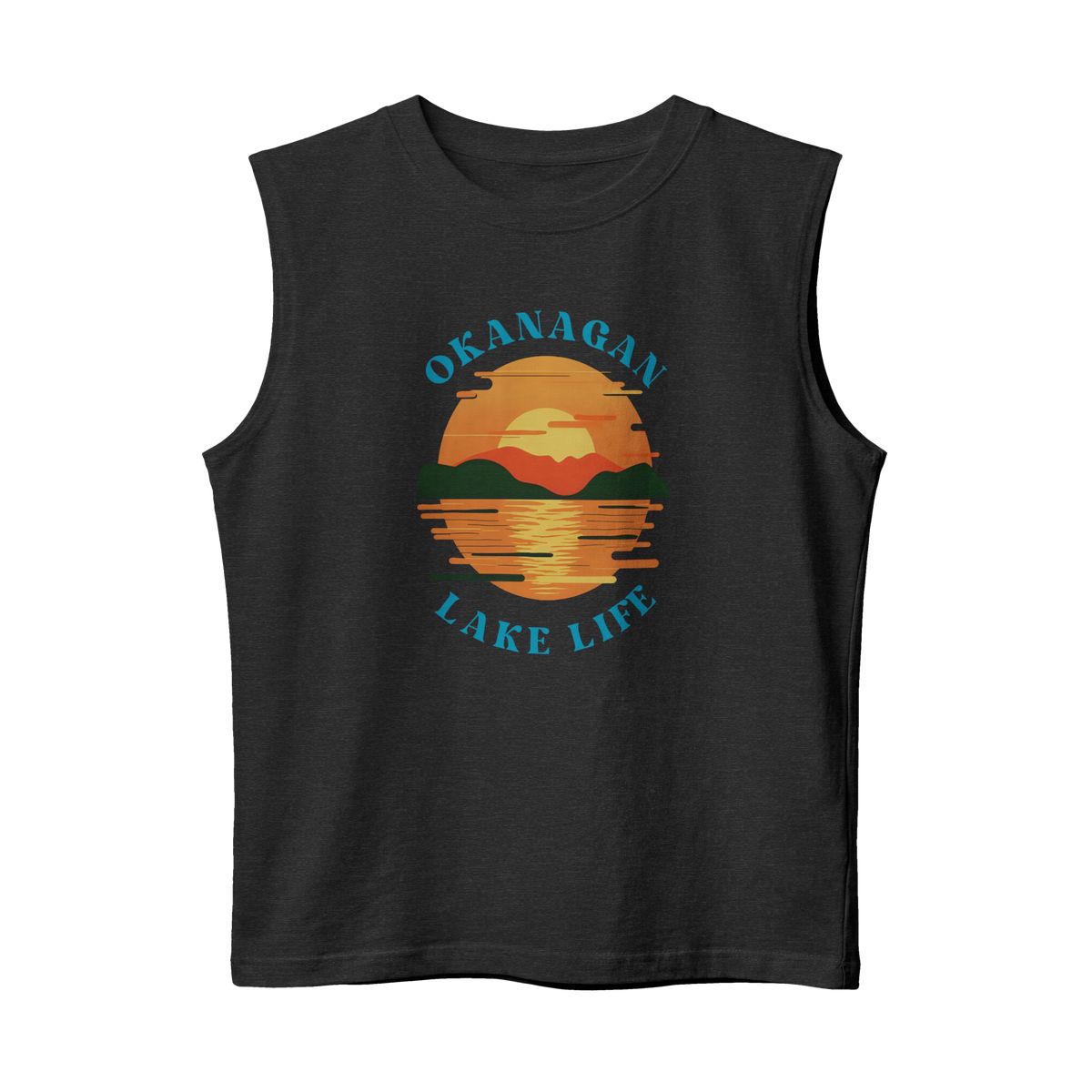 A sleeveless black crop top featuring a retro-style sunset graphic on the chest with the text 'OKANAGAN LAKE LIFE' in blue, shown against a plain white background.