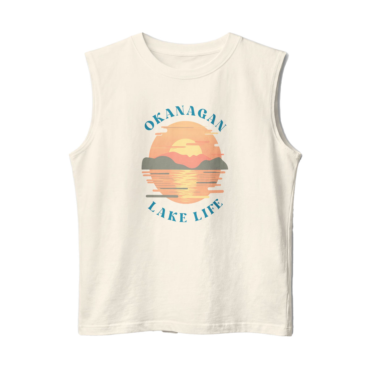 An off-white sleeveless muscle tank top featuring a retro-style graphic of a sunset over a lake with the text 'OKANAGAN LAKE LIFE' in blue.