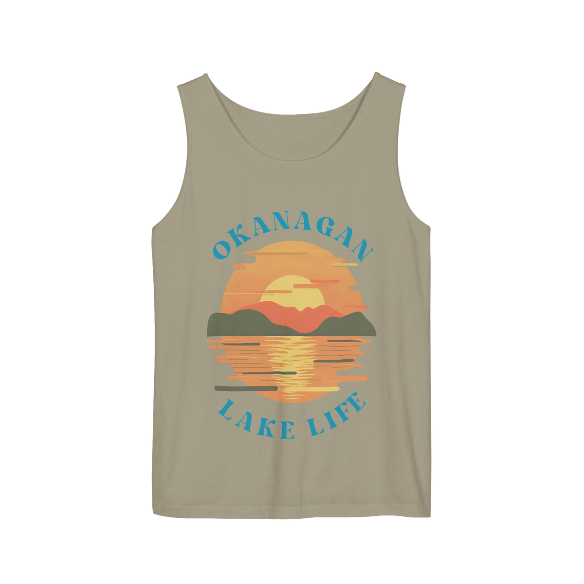 A sleeveless tank top in a muted sage green color, featuring a retro-style sunset graphic on the front with the text 'OKANAGAN LAKE LIFE' in blue.
