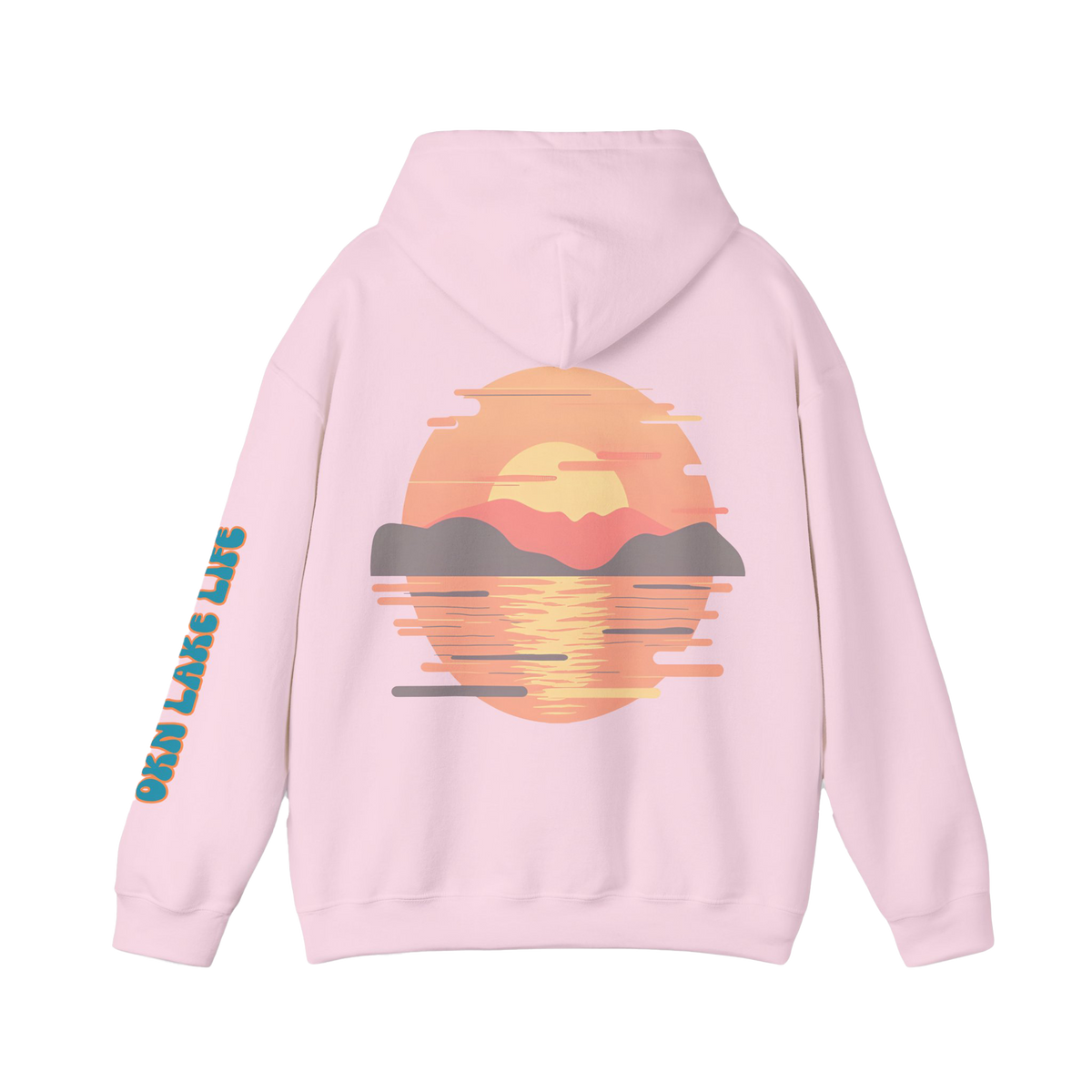 A light pink pullover hoodie shown from the back, featuring a retro sunset landscape graphic in orange, yellow, and grey on the back, with 'OKN LAKE LIFE' printed in teal on the left sleeve.