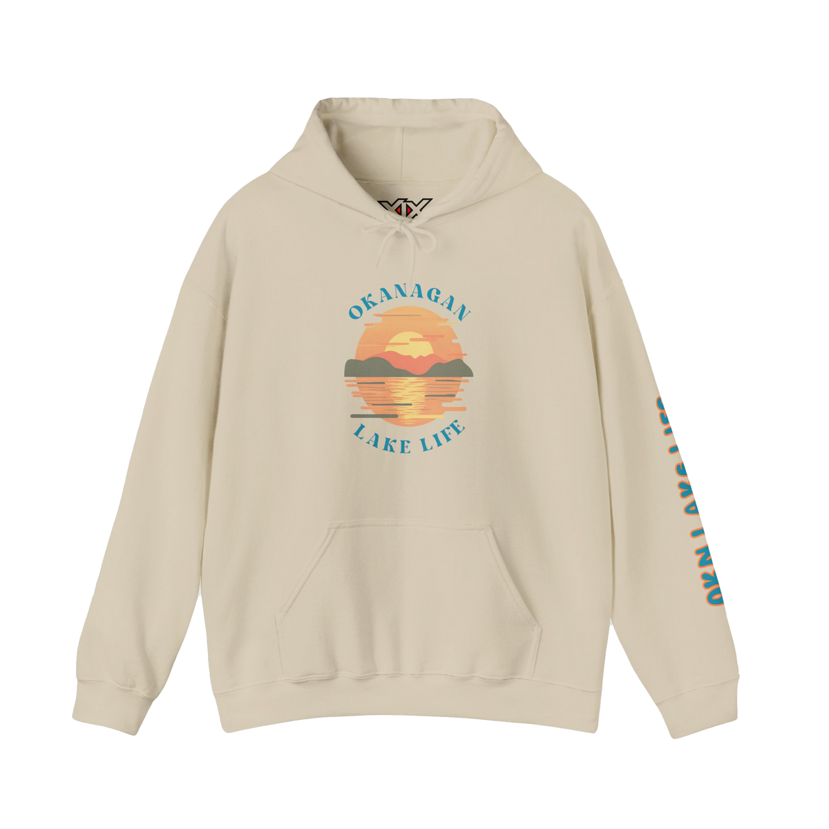 A beige pullover hoodie with a colorful sunset graphic on the chest reading 'OKANAGAN LAKE LIFE' and teal text running down one sleeve, shown on a plain white background.