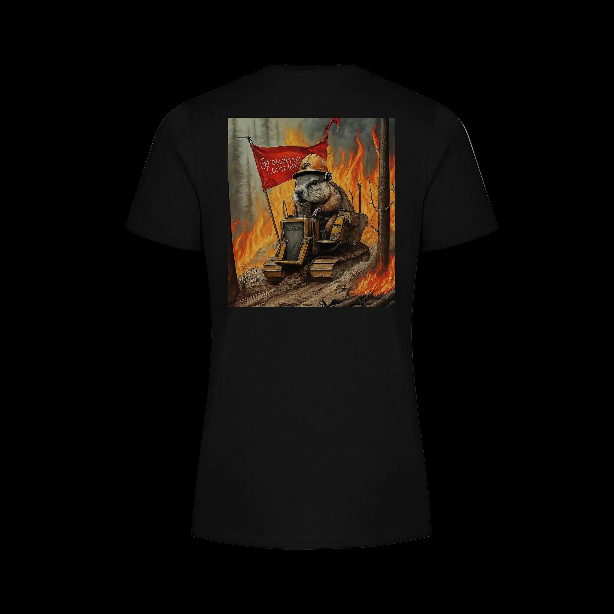 Quesnel Fire Zone Groundhog Everyday Ring Spun Cotton Tee - Women's - Black back. Groundhog logo on back. 